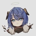  1girl arknights blue_eyes blue_hair blush closed_mouth commentary_request demon_horns detached_wings energy_wings fur_trim grey_background hair_between_eyes halo horns jacket looking_at_viewer medium_hair mgmg_cc211 mostima_(arknights) sidelocks simple_background smile solo upper_body wings 