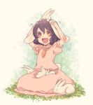  1girl animal_ears atoki brown_eyes brown_hair carrot dress hands_on_own_head happy inaba_tewi on_grass open_mouth pink_dress rabbit rabbit_ears rabbit_tail short_hair short_sleeves sitting smile solo tail touhou twitter_username white_background 