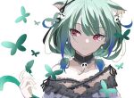  animal_ears blue_hair bug butterfly cat_ears dress ear_piercing earrings ghost_earrings gradient_hair green_hair hair_ornament highres hololive jewelry minmin2563 multicolored_hair off-shoulder_dress off_shoulder piercing skull_hair_ornament uruha_rushia virtual_youtuber 