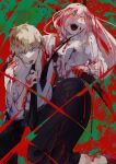  1boy 1girl absurdres black_necktie blonde_hair blood blood_on_clothes blood_on_face blood_on_hands chainsaw_man collared_shirt crazy crazy_eyes cross-shaped_pupils denji_(chainsaw_man) green_background hair_between_eyes highres holding holding_weapon horns knife long_hair looking_at_viewer looking_to_the_side necktie open_mouth pink_hair power_(chainsaw_man) red_horns sharp_teeth shirt short_hair smile syokuuuuuuuuumura teeth tongue tongue_out weapon white_shirt yellow_eyes 