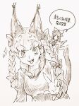  2girls animal_ears braid cat_ears cropped_torso greyscale kaenbyou_rin looking_at_viewer menotama monochrome multiple_girls reiuji_utsuho sketch solo_focus sparkle speech_bubble touhou traditional_media twin_braids upper_body v 