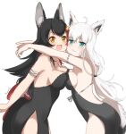  2girls animal_ear_fluff animal_ears anyacchi backless_dress backless_outfit bare_back bare_shoulders black_hair braid breast_press dress fox_ears fox_girl highres hololive long_hair looking_at_viewer multicolored_hair multiple_girls ookami_mio redhead shirakami_fubuki streaked_hair symmetrical_docking tail virtual_youtuber white_hair wolf_ears wolf_girl wolf_tail 