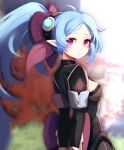  1girl arms_behind_back back_bow blue_hair blurry blurry_background bow cleavage_cutout closed_mouth clothing_cutout dungeon_and_fighter from_side grass hair_bow highres hwaryeok long_hair looking_at_viewer niu_(dungeon_and_fighter) outdoors ponytail smile solo violet_eyes 