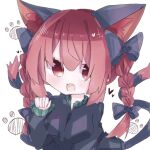 1girl :d animal_ears bow braid cat_ears cat_tail dress eyebrows_hidden_by_hair fang hair_between_eyes highres kaenbyou_rin paw_pose paw_print red_eyes redhead runa0921 simple_background skin_fang smile solo tail touhou twin_braids upper_body white_background 