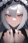  1girl ai-generated black_dress blush colored_eyelashes dress hairband holding holding_hair lolita_hairband long_hair neck red_eyes silver_hair white_hair 