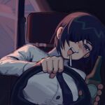  1girl bangs black_hair black_necktie blush breasts car chainsaw_man cigarette collared_shirt driving drunk drunk_driving eyepatch ground_vehicle highres himeno_(chainsaw_man) holding large_breasts liowig looking_at_viewer messy_hair motor_vehicle necktie open_mouth shirt short_hair solo steering_wheel 
