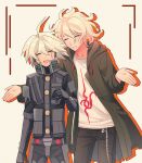  2boys :d ahoge bangs black_gloves black_pants brown_pants chain cheer_(cheerkitty14) closed_eyes danganronpa_(series) danganronpa_2:_goodbye_despair danganronpa_v3:_killing_harmony gloves green_jacket grin highres hood hood_down hooded_jacket jacket keebo komaeda_nagito male_focus messy_hair multiple_boys open_clothes open_jacket pants power_armor print_shirt shiny shiny_hair shirt smile teeth white_hair white_shirt 