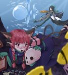  2girls animal_ears blurry blurry_background blurry_foreground bow braid cape cat_ears depth_of_field extra_ears green_bow grin hair_bow jyaoh0731 kaenbyou_rin multiple_girls multiple_tails nekomata oxygen_tank pointy_ears redhead reiuji_utsuho smile tail touhou treasure twin_braids two_tails underwater white_cape wings 