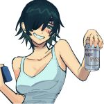  1girl bangs bare_shoulders beer_can black_hair blush breasts can chainsaw_man eyepatch green_eyes highres himeno_(chainsaw_man) large_breasts liowig looking_at_another looking_at_viewer meme nintendo_switch short_hair simple_background smile solo white_background 