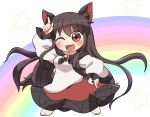  1girl animal_ears arm_up barefoot blush brown_hair dress fang full_body imaizumi_kagerou index_fingers_raised long_hair long_sleeves one_eye_closed open_mouth red_dress red_eyes rokugou_daisuke signature smile solo tail touhou white_dress wolf_ears wolf_tail 