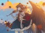  1girl autumn autumn_leaves bird_wings black_hair black_skirt black_wings blush buttons chinese_commentary closed_mouth collared_shirt feathered_wings frilled_skirt frills hand_fan hat hauchiwa highres holding holding_fan jiege leaf maple_leaf pom_pom_(clothes) puffy_short_sleeves puffy_sleeves red_eyes red_headwear shameimaru_aya shirt short_hair short_sleeves skirt solo tokin_hat touhou violet_eyes white_shirt wings 