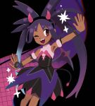  1girl ;d armlet armpits bangs black_dress black_hairband blush brown_eyes chirosamu commentary dark-skinned_female dark_skin dress eyelashes fake_horns hair_rings hairband highres horns iris_(pokemon) knees long_hair official_alternate_costume one_eye_closed open_mouth pokemon pokemon_(game) pokemon_masters_ex purple_hair smile solo teeth tongue twintails upper_teeth wrist_cuffs 