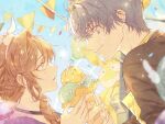  1boy 1girl bangs black_jacket blurry blurry_foreground braid braided_ponytail brown_hair closed_mouth confetti dog_tags food green_eyes headband highres holding holding_food homu_(honkai_impact) ice_cream jacket jiukuzi18797 long_hair marius_von_hagen_(tears_of_themis) outdoors purple_hair purple_shirt rosa_(tears_of_themis) shirt short_hair slime_(genshin_impact) smile tears_of_themis violet_eyes yellow_shirt 