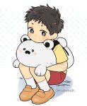  1boy brown_eyes brown_footwear brown_hair closed_mouth commentary_request looking_at_viewer madara6k male_child male_focus original red_shorts shirt short_hair short_sleeves shorts signature simple_background sitting socks stuffed_animal stuffed_toy yellow_shirt 