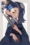  1girl absurdres blue_kimono blue_sash breasts closed_mouth commentary_request hand_fan head_tilt highres holding holding_fan japanese_clothes kimono long_sleeves obi one_eye_covered pointy_ears prat_rat red_eyes sash shiver_(splatoon) small_breasts smile splatoon_(series) splatoon_3 upper_body wide_sleeves 
