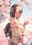  1girl black_hair brown_eyes cherry_blossoms cowboy_shot day floral_print flower from_side hair_flower hair_ornament highres japanese_clothes kimono looking_at_viewer medium_hair outdoors sendawara_ichika smile solo tadano_(toriaezu_na_page) tsuka_no_ma_no_ichika 