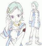  1girl adjusting_hair aqua_hair blue_dress boots collar dress eureka eureka_seven eureka_seven_(series) flask00 forehead full_body hair_ornament hairclip hand_up highres long_sleeves looking_at_viewer looking_away multiple_views short_hair smile standing thigh_strap two-tone_dress upper_body violet_eyes white_dress white_footwear yellow_collar 