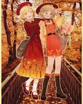  2girls :d ;p acorn_print aki_minoriko aki_shizuha apple_buckle aran_sweater autumn autumn_leaves bag belt beret black_belt black_ribbon blonde_hair blush blush_stickers boots brown_footwear colored_pencil dot_nose earrings forest ginkgo_hair_ornament gradient_skirt hat highres jewelry k0nfette knee_boots kneehighs leaf_earrings leaf_print long_skirt mary_janes multiple_girls nature neck_ribbon one_eye_closed orange_overalls overalls paintbrush pencil red_eyes red_footwear red_headwear red_sweater ribbed_sweater ribbon ring satchel shoes short_hair shoulder_bag skirt smile socks sunflower_earring sweater tongue tongue_out touhou wheat_print wide_brim yellow_eyes yellow_sweater 