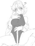  1girl ? arm_warmers black_leotard confused highres leotard mizuhashi_parsee off_shoulder ootsuki_wataru ruler short_hair simple_background solo thick_thighs thighs touhou white_background 