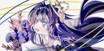  1girl arknights astesia_(arknights) astesia_(frlibre_on_the_palace)_(arknights) blue_eyes blue_hair bouquet flower hair_ornament open_mouth portrait shidu279 simple_background sky smile solo star_(sky) starry_sky unmoving_pattern 