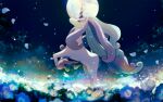  blue_flower closed_mouth commentary_request flower galarian_rapidash grey_eyes melty_(corolla) moon night no_humans outdoors petals pokemon pokemon_(creature) sky solo unicorn 