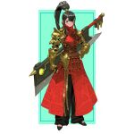  1girl absurdres armor arms_at_sides arowana2111 black_hair clenched_hand commentary dated_commentary dress english_commentary full_body glasses hand_on_hip highres looking_at_viewer original ponytail red_dress sidelocks simple_background solo standing sword weapon weapon_on_back 