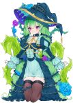  absurdres amatai_(yyiksh) breasts brown_socks dress flower frilled_dress frills green_dress green_hair green_nails hat highres kneehighs medium_breasts monster_strike nemu_(monster_strike) pink_eyes rose smile socks stomach thick_thighs thighs violet_eyes white_background witch_hat 