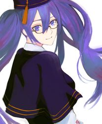  1girl fate/grand_order fate_(series) glasses highres long_hair looking_at_viewer moedredd purple_hair simple_background sion_eltnam_sokaris solo twintails violet_eyes white_background 