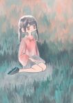  1girl :| absurdres bangs black_footwear black_hair blouse bow brown_eyes closed_mouth conbini_marina expressionless full_body grass grey_skirt hand_on_lap highres jitome light_frown long_hair long_sleeves looking_away low_twintails no_nose no_pupils no_socks on_grass on_ground original outdoors pink_shirt scenery shirt shoe_soles shoes sitting skirt solo swept_bangs twintails wide_sleeves 