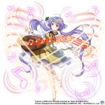  1girl ahoge bare_legs barefoot biwa_lute breasts brown_dress closed_mouth collared_dress dress flower full_body hair_flower hair_ornament happy instrument long_sleeves looking_at_viewer lute_(instrument) medium_breasts music musical_note neck_ribbon official_art playing_instrument purple_hair ribbon rotte_(1109) smile toes touhou touhou_lost_word tsukumo_benben twintails violet_eyes 