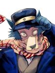  1boy beastars cosplay dogma_uepon furry hat kepi legoshi military military_hat military_uniform scar scar_on_face scarf simple_background sugimoto_saichi sugimoto_saichi_(cosplay) uniform upper_body voice_actor_connection white_background wolf yellow_scarf 