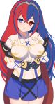  1girl absurdres alear_(fire_emblem) alear_(fire_emblem)_(female) bangs black_gloves blue_eyes blue_hair bow braid breasts cape crossed_bangs crown_braid fire_emblem fire_emblem_engage gloves hair_between_eyes head_tilt heterochromia highres kocha_(jgug7553) light_smile long_hair looking_at_viewer medium_breasts multicolored_hair own_hands_together red_cape red_eyes redhead solo thighs tiara white_bow 