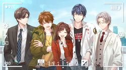  1girl 4boys :d absurdres artem_wing_(tears_of_themis) bangs bel_3001 belt black_jacket black_pants black_shirt blue_eyes blue_necktie blue_sky brown_hair brown_pants brown_vest closed_eyes closed_mouth clouds cloudy_sky coat dog_tags formal glasses grin highres jacket jewelry key luke_pearce_(tears_of_themis) marius_von_hagen_(tears_of_themis) multiple_boys necklace necktie one_eye_closed outdoors pants parted_lips purple_hair red_jacket red_necktie rosa_(tears_of_themis) shirt short_hair sky smile tears_of_themis teeth vest viewfinder vyn_richter_(tears_of_themis) white_coat white_hair yellow_eyes 