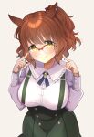  1girl alternate_costume aston_machan_(umamusume) breasts brown_hair commentary_request crown glasses green_eyes hair_ornament highres horse_girl large_breasts medium_hair pointing pointing_at_self simple_background smile solo sui_(h14_draw) umamusume white_background 