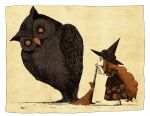  1girl animal bird black_dress broom dress hackto hat holding holding_broom long_hair orange_hair original oversized_animal owl pumpkin_print very_long_hair witch witch_hat 