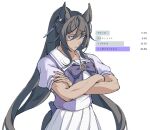  1girl animal_ears bangs black_hair blue_eyes bow bowtie closed_mouth crossed_arms dark-skinned_female dark_skin earrings expressionless horse_ears horse_girl horse_tail iner_(shakur_mom) jewelry long_hair puffy_short_sleeves puffy_sleeves purple_shirt sailor_collar shirt short_sleeves simple_background single_earring skirt solo split_ponytail symboli_kris_s_(umamusume) tail translation_request twitter umamusume upper_body very_long_hair white_background white_skirt 