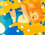  1girl bikini blue_bikini breasts chainsaw_man cross-shaped_pupils hair_over_mouth highres horns long_hair on_floor orange_hair pecopecosupipi power_(chainsaw_man) red_eyes red_horns simple_background small_breasts solo swimsuit tile_floor tiles yellow_background 