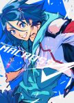  1boy blue_background blue_eyes blue_hair blue_hoodie blue_pants blue_shirt clenched_hand commentary glowing hair_between_eyes hair_ornament hairclip hayate_immelmann highres hood hoodie jacket jewelry looking_at_viewer macross macross_delta male_focus necklace pants parted_lips roku_(gansuns) shirt smile solo symbol-only_commentary white_jacket 