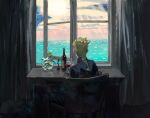  1boy alcohol blonde_hair blue_jacket bottle braid chair clouds commentary cup curtains day desk drinking_glass facing_away feet_out_of_frame flower from_behind giorno_giovanna gradient_sky horizon indoors jacket jojo_no_kimyou_na_bouken lantern_madoyoi light_rays medium_hair ocean on_chair open_window single_braid sitting sky solo sunbeam sunlight symbol-only_commentary vase vento_aureo water white_flower window wine wine_bottle wine_glass yellow_flower 