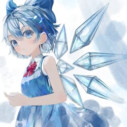  1girl bangs bare_shoulders blue_dress blue_eyes blue_hair bow cirno closed_mouth collared_shirt commentary cowboy_shot dress hair_between_eyes hair_bow hand_up highres ice ice_wings looking_at_viewer medium_hair neck_ribbon otomo_no_sachi pinafore_dress red_ribbon ribbon shirt sleeveless sleeveless_dress sleeveless_shirt solo touhou white_shirt wings 