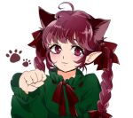  1girl :3 animal_ears bow braid cat_ears dress extra_ears green_dress hair_bow kaenbyou_rin light_smile looking_at_viewer maruta_(shummylass) paw_pose paw_print pointy_ears red_eyes redhead simple_background solo touhou twin_braids upper_body white_background 