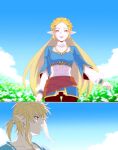  1boy 1girl black_pants blonde_hair blue_eyes blue_shirt blue_sky blue_tunic braid breasts chiru_(sanifani) clouds cowboy_shot earrings field flower flower_field green_eyes hair_between_eyes hair_ornament hairclip highres jewelry link long_hair long_sleeves looking_at_viewer looking_to_the_side low_ponytail medium_breasts medium_hair open_mouth outdoors pants pointy_ears princess_zelda puffy_long_sleeves puffy_sleeves shirt sidelocks sky smile teeth the_legend_of_zelda the_legend_of_zelda:_breath_of_the_wild thick_eyebrows upper_body upper_teeth white_shirt 