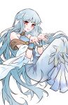  1girl absurdres bare_shoulders dress feet_out_of_frame fire_emblem fire_emblem:_the_blazing_blade highres knees_up long_dress long_hair ninian_(fire_emblem) open_hands own_hands_together paiiart parted_lips red_eyes sash smile snowflake_print solo very_long_hair watermark white_sash wrist_cuffs 