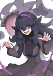  1girl 1other @_@ black_dress black_hair dress gonzarez hairband haunter hex_maniac_(pokemon) highres long_hair long_sleeves messy_hair open_mouth pokemon pokemon_(creature) pokemon_(game) pokemon_xy purple_hairband purple_nails spider_web_print tongue tongue_out violet_eyes white_background 