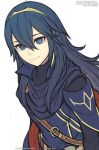  1girl blue_eyes blue_hair cape closed_mouth commentary fire_emblem fire_emblem_awakening fire_emblem_heroes gofelem long_hair looking_at_viewer lucina_(fire_emblem) simple_background smile solo tiara white_background 