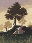  ^_^ absurdres closed_eyes clouds commentary_request cyndaquil grass highres hisuian_zorua mokuzou_(moku_ssbu) no_humans outdoors pokemon pokemon_(creature) sitting sky sleeping tree twilight 