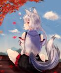  1girl absurdres autumn_leaves black_skirt clouds cloudy_sky falling_leaves highres inubashiri_momiji kh4c kitsune leaf looking_at_viewer looking_back red_eyes shirt short_sleeves skirt sky smile solo tail touhou tree white_hair white_shirt 