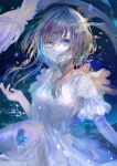  1girl absurdres bangs blue_eyes blue_nails brown_hair chinese_text detached_sleeves dress english_text frilled_dress frilled_sleeves frills highres light_particles long_hair looking_at_viewer original parted_lips seisaiminty sidelocks solo water watermark white_dress 