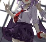  1girl 1other akisome_hatsuka alternate_costume bangs black_skirt collarbone collared_shirt head_out_of_frame indoors long_sleeves necktie open_mouth plaid plaid_skirt pointy_ears purple_hair red_necktie remilia_scarlet school_uniform shirt short_hair single_wrist_cuff skirt solo_focus striped_necktie touhou white_shirt wrist_cuffs 