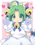  1girl ahoge animal_ears animal_hat apron bangs bell blue_bow blue_dress blush bow cat_ears cat_hat cat_tail closed_mouth commentary dejiko di_gi_charat diagonal_stripes double_v dress fake_animal_ears frilled_apron frills gloves green_eyes green_hair hair_bell hair_ornament hands_up hat hiro_hiroki jingle_bell looking_at_viewer multicolored_hair neck_bell parted_bangs puffy_short_sleeves puffy_sleeves short_sleeves smile solo striped striped_background symbol-only_commentary tail tail_bow tail_ornament two-tone_hair v white_apron white_gloves 